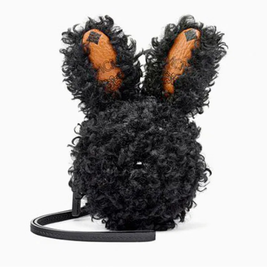 Mcm Limited Edition Rabbit Charm Pouch Black Shearling